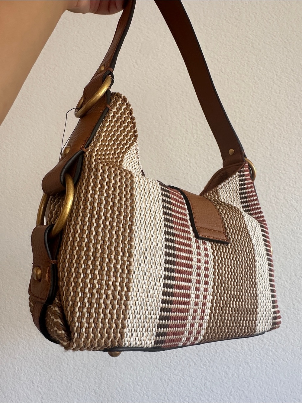 NWT Guess Striped Woven Shoulder Bag in Tan and Brown - Picture 8 of 8